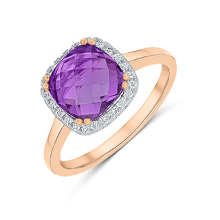 9K Rose Gold Cushion Pink Amethyst & Diamond Halo Ring