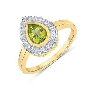 9K Yellow Gold Pear Peridot & Diamond Halo Ring