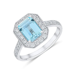 18K White Gold Aquamarine & Diamond Halo Ring