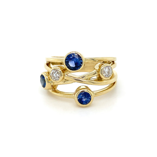 9K Yellow Gold Diamond & Blue Sapphire Bubble Ring