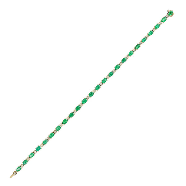 18CT Yellow Gold Oval Emerald & Round Diamond Line Bracelet