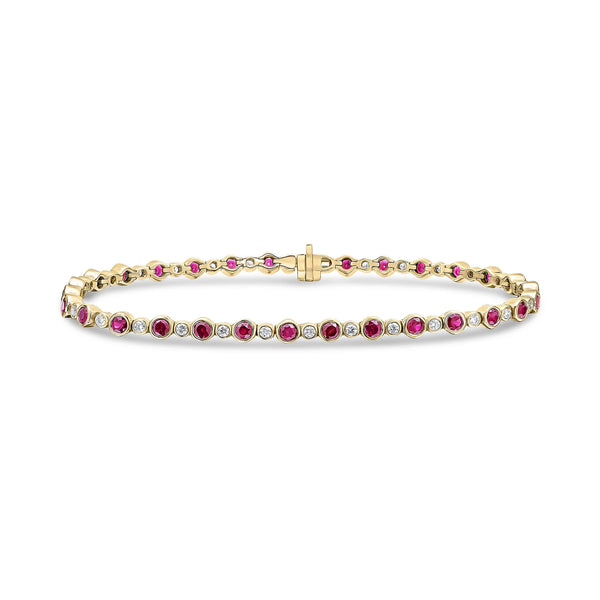 18CT Yellow Gold Round Ruby & Diamond Line Bracelet