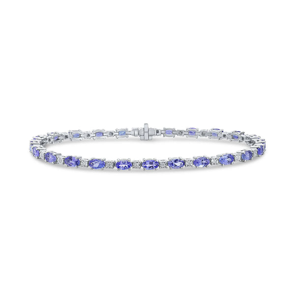 18CT White Gold Oval Tanzanite & Round Diamond Line Bracelet