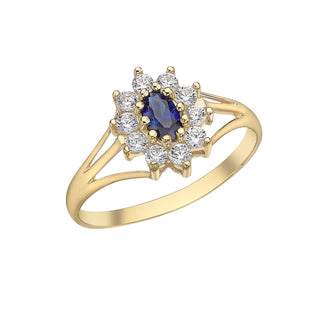 9K Yellow Gold Blue & White CZ Flower Cluster Ring