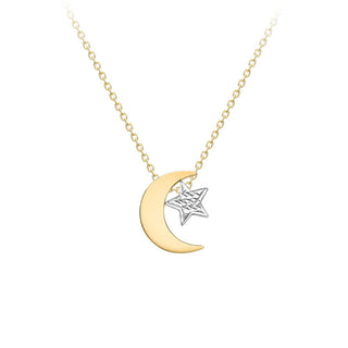 9K 2 Colour Gold Polished Moon & Star Necklace /17"-18”