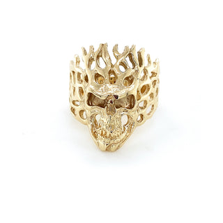 9K Yellow Gold Mens Flaming Skull Ring