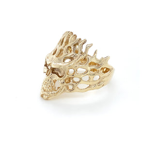 9K Yellow Gold Mens Flaming Skull Ring