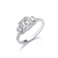 18ct Wg Emerald Cut 0.75ct Halo Style Trilogy Ring