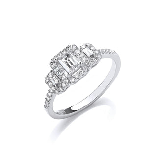 18ct Wg Emerald Cut 0.75ct Halo Style Trilogy Ring