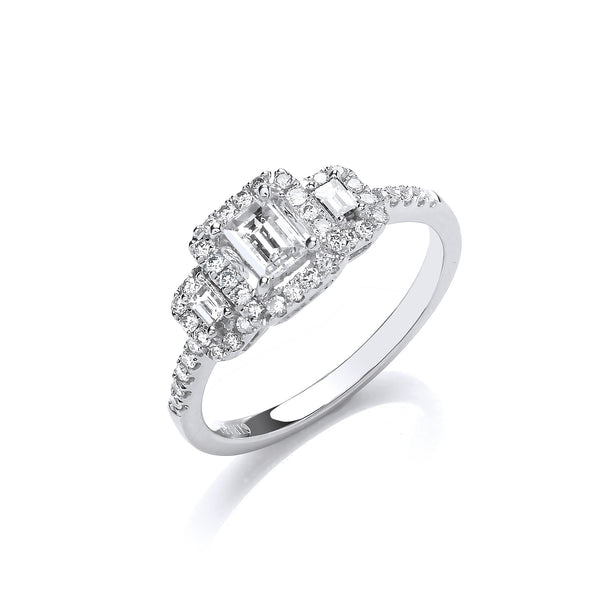 18ct Wg Emerald Cut 0.75ct Halo Style Trilogy Ring