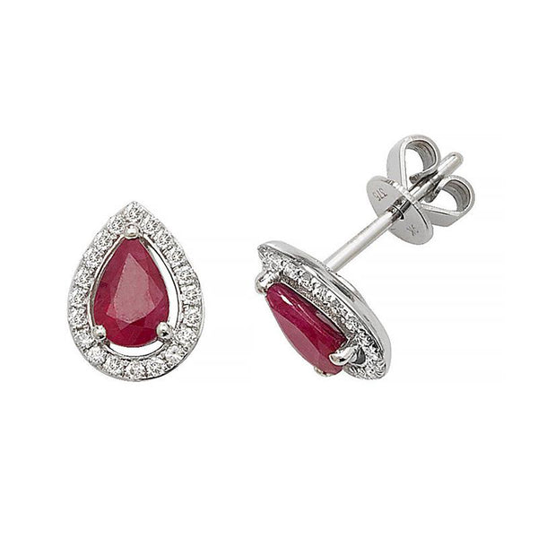 9K White Gold Ruby & Diamond Halo Studs