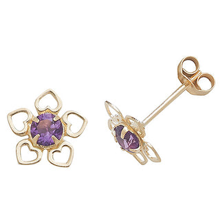 9K Yellow Gold Amethyst Floral Stud Earrings