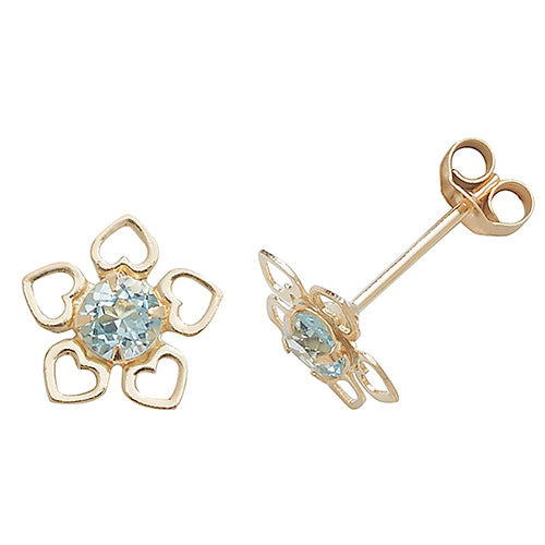 9K Yellow Gold Blue Topaz Floral Stud Earrings
