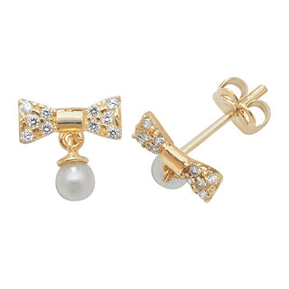 9ct Yellow Gold Pearl & CZ Set Bow Stud Earrings