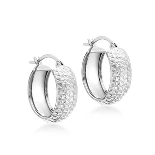 9K White Gold Half-Diamond-Cut Creole Hoop Earrings