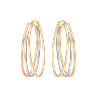 9K 3-Colour Gold Oval Triple-Loop Creole Hoop Earrings