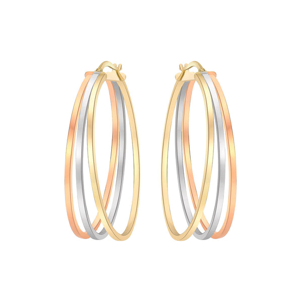 9K 3-Colour Gold Oval Triple-Loop Creole Hoop Earrings