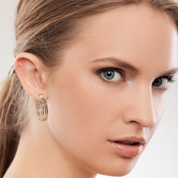 9K 3-Colour Gold Oval Triple-Loop Creole Hoop Earrings