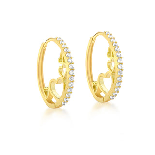 9K Yellow Gold CZ & Heart Huggie Hoop Earrings