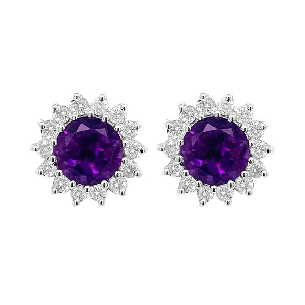 9K Yellow Gold Amethyst & Diamond Flower Stud Earrings