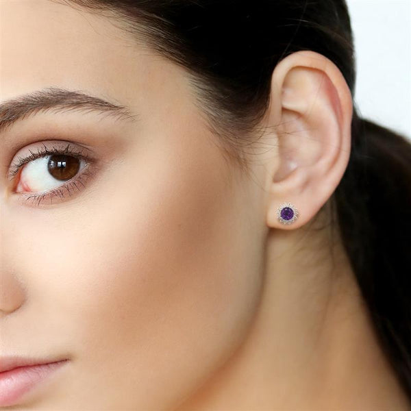9K Yellow Gold Amethyst & Diamond Flower Stud Earrings