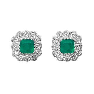 9K White Gold Emerald & Diamond Stud Earrings