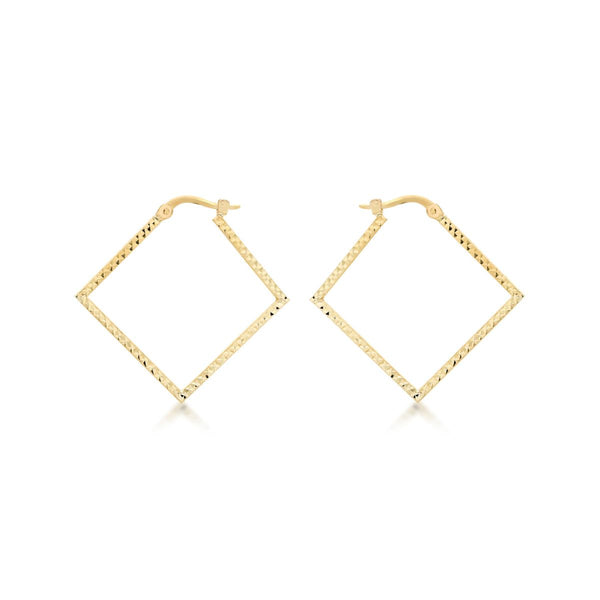 9K Yellow Gold Diamond Cut Square Creole Earrings