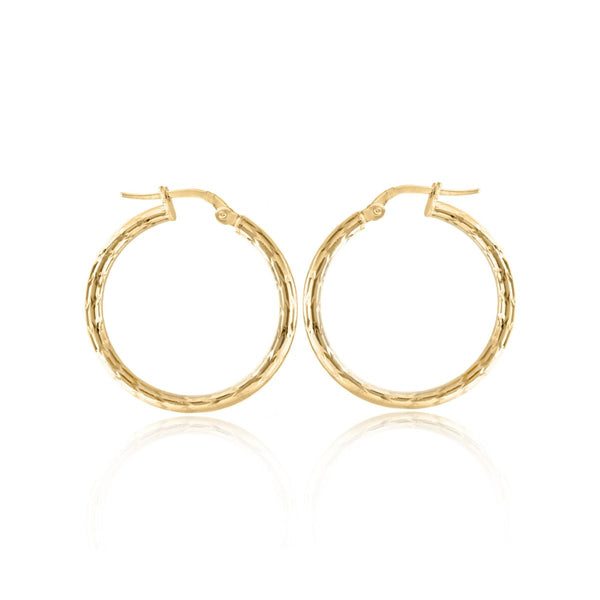 9K Yellow Gold Diamond Cut Hoop Creole Earrings