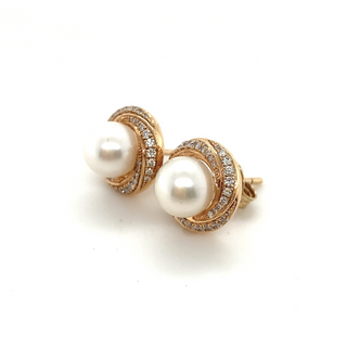 18K Yellow Gold Diamond and Pearl Swirl Stud Earring