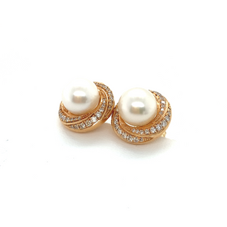 18K Yellow Gold Diamond and Pearl Swirl Stud Earring