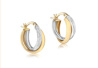 9ct Yellow and White Gold Diamond cut Hoops
