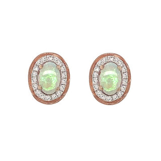 9K Rose Gold Opal & Diamond Oval Stud Earrings