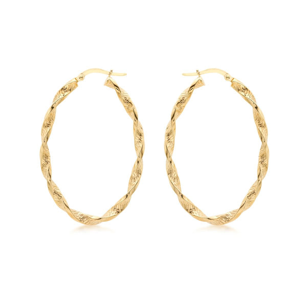9K Yellow Gold Oval Rope Hoop Earrings