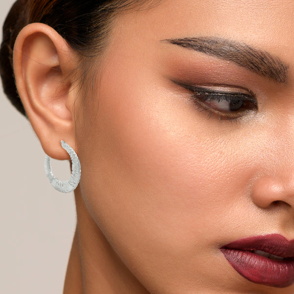 9K White Gold Embossed Creole Hoop Earrings