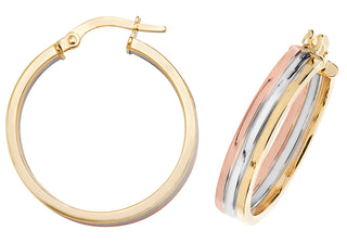 9ct 3-Coloured Gold Hoop Earrings