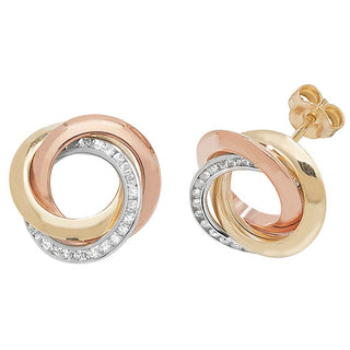 9ct 3- Coloured Gold CZ Stud Earrings
