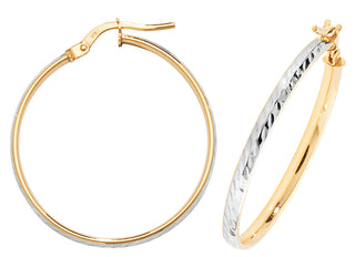 9ct 2-Coloured Gold  Diamond Cut Hoop Earrings