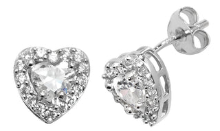 Sterling Silver CZ Set Heart Stud Earrings