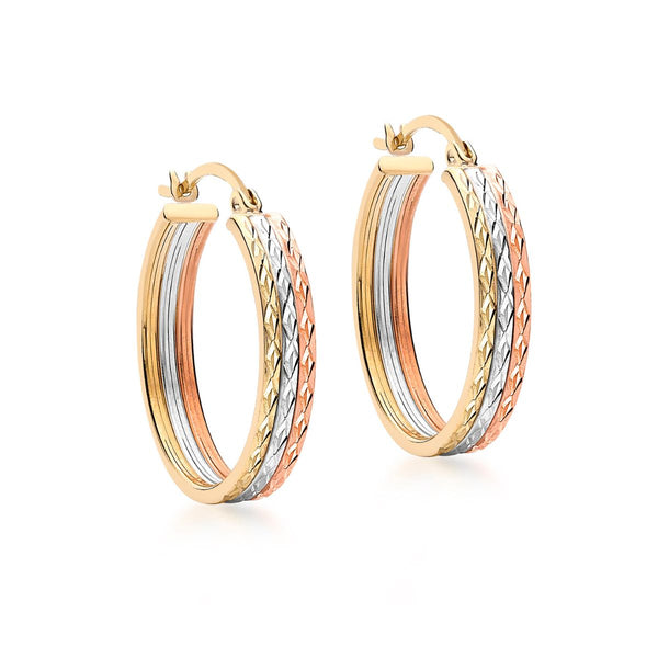 9K 3 Colour Gold 22mm Faceted Triple Hoop Earrings
