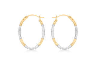 9K Yellow and White Gold Oval Diamond Cut Hoop Earrings