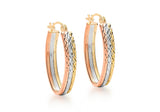 9ct Tri-Coloured Oval Diamond Cut Creole Hoop Earrings