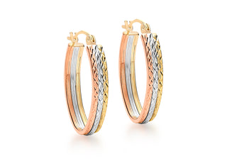 9ct Tri-Coloured Oval Diamond Cut Creole Hoop Earrings