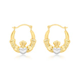 9K Yellow & White Gold Claddagh Hoop Earrings