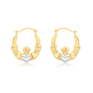 9K Yellow & White Gold Claddagh Hoop Earrings