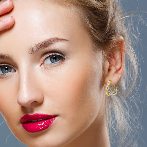 9K 2 Colour Gold Twisted Double Oval Hoop Earrings