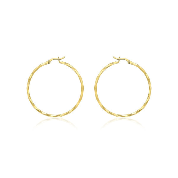 9K Yellow Gold 38mm Diamond Cut Faceted Hoop Earrings