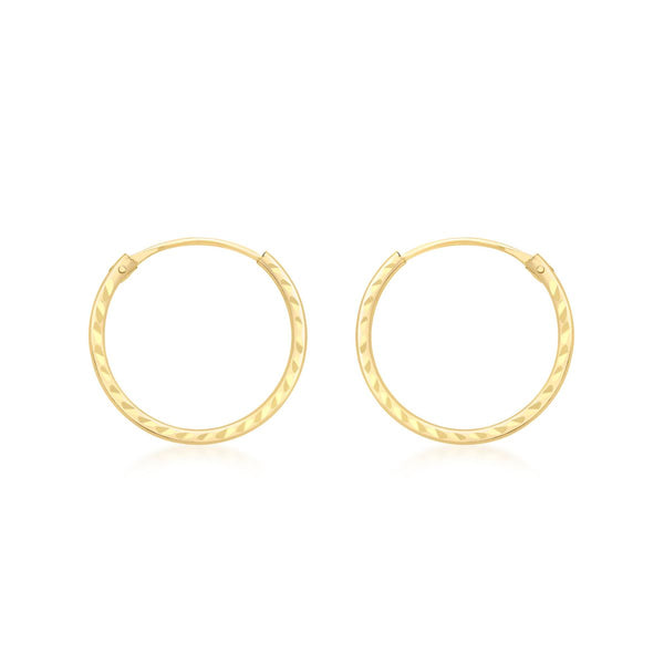 9K Yellow Gold 15mm Diamond Cut Hoop Earrings
