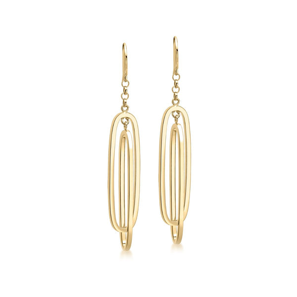 9ct Yelow Gold Square Tube Double Ova Dropl Earrings