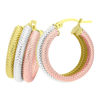 9K 3 Colour Gold Faceted Triple Hoop Earrings