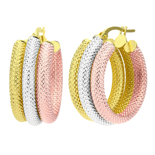 9K 3 Colour Gold Faceted Triple Hoop Earrings